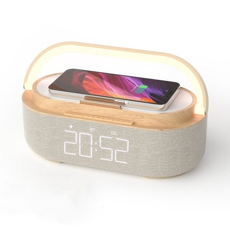 FreeFish Bluetooth Speaker Alarm Clock with Wireless Charger, LED Night Light, 2500mAh Battery - For Bedroom, Home