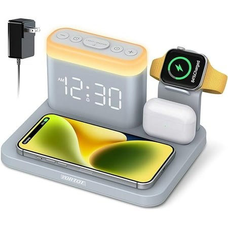 FU2093 Wireless Charging Station with Alarm Clock, 7 Night Lights, 5-in-1 Wireless Charger for iPhone 16/15/14/13/12/11/Pro/Max/XR/X/8, Samsung Phone, Apple Watch, AirPods (Watch Cable not Included)