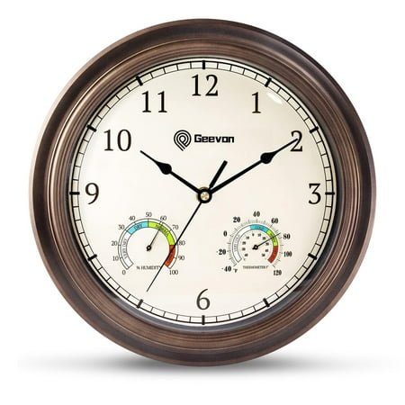 Geevon 12 Vintage Wall Clock Non Ticking with Hygrometer and Thermometer Combo, Battery Operated Quartz Decorative Wall Clocks for Home, Living Room, Office, Classroom, Kitchen, Bedroom Decor