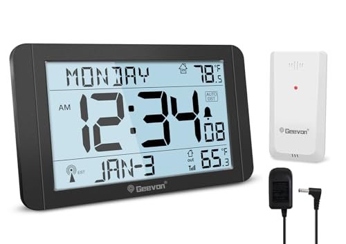 Geevon Atomic Clock with Indoor Outdoor Temperature – 10.8'' Large Display, Self-Setting Wall Clock with Wireless Sensor, AC Powered & Battery Backup, Easy for Seniors, Bedroom, Office, Kitchen