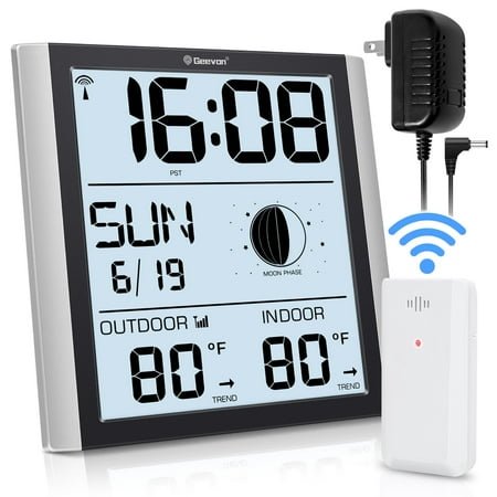 Geevon Digital Atomic Wall Clock with Moon Phase and Backlight, Silent Non-Ticking Atomic Clock with 8.8 Inch Large Display, Indoor Outdoor Temperature, Calendar for Home Office Bedroom Kitchen