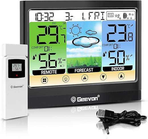 Geevon Weather Station Wireless Indoor Outdoor Thermometer Hygrometer with Dew Point, Heat Index, Touch LCD Display Digital Weather Thermometer with Alarm Clock and Adjustable Backlight