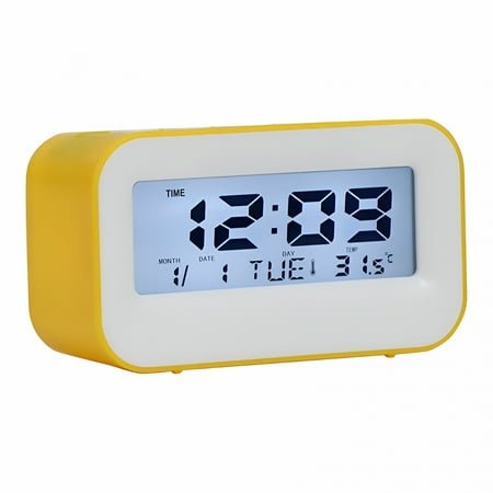 GJX Small Digital Alarm Clock for Bedrooms Bedside - Plug in Electric Clock Large Big Numbers Display Battery Backup for Desk Table,6 Dimmers,5 Adjustable Alarm Volume Yellow