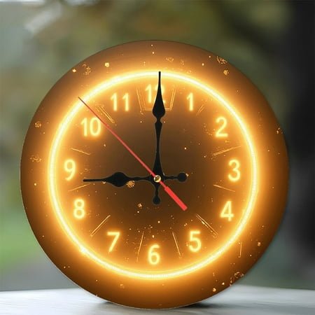 Glowing Neon Clock Wall Decor Art 10-Inch Silent Wooden Wall Clock, Battery Operated (AA Batteries Not Included), Artistic Home Decor