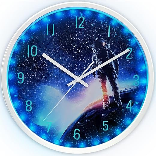 Glow in The Dark Wall Clock,12 Inch LED Lighted up Clock Battery Operated,Silent Illuminated Wall Clock for Living Room Decor,Easy to Read, Space Themed,Sound Control LED Night Light
