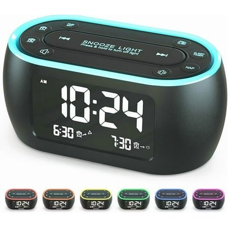 Glow Small Alarm Clock Radio for Bedrooms with 7 Color Night Light, Dual Alarm, Dimmer, USB Charger, Battery Backup, Nap Timer, FM Radio with Auto-Off Timer for Bedside