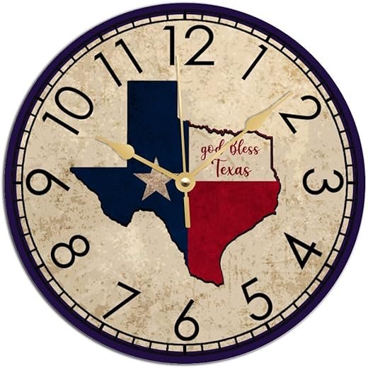 God Bless Texas Wooden Wall Clock Rustic Tuscan Battery Operated Clock Silent Non Ticking Wall Clocks Numerals Wall Clocks Decorative for Kitchen Living Room Bedroom Office Farmhouse Gift 10 Inch