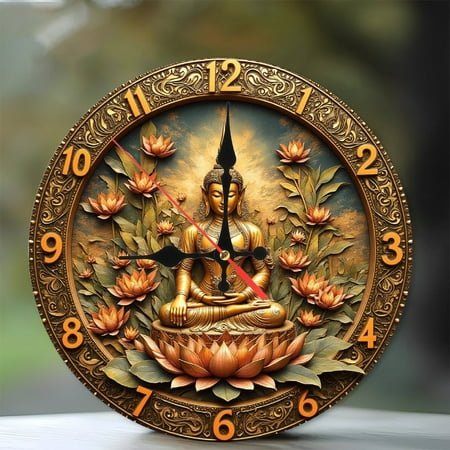 Golden Buddha Lotus Wall Clock Home Decor 10-Inch Silent Wooden Wall Clock, Battery Operated (AA Batteries Not Included), Artistic Home Decor