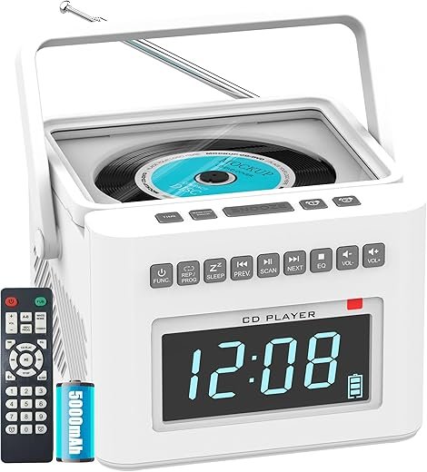Greadio CD Player Alarm Clock Boombox with Bluetooth, 5000mAh Boombox Clock Radio with CD Player, White Noise, FM/AUX/USB/TF/Dimmer/Remote Control, Large LCD, Portable CD Radio Player for Home (White)