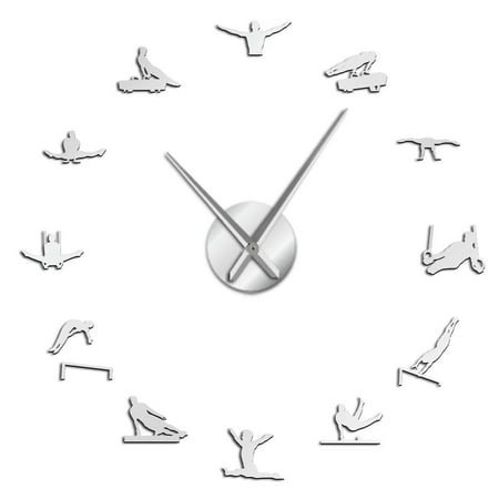 Gynmastics Silhouette Frameless Wall Clock Stickers, DIY Modern Decorative Clocks for Living Room, Bedroom, Office - Easy to Install, Large 3D Clock Design (Silver,37in)