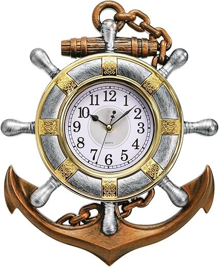 Hacaroa Anchor Wall Clock 12x15, Plastic Nautical Clock Silent Non-Ticking Movement, Decorative Ship Wheel Clocks for Nautical Theme Kitchen, Bathroom, Beachfront Home Decor, Retro Style