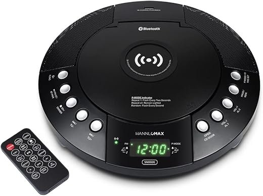 HANNLOMAX HX-329CD CD Player with Wireless Charging, FM Radio, Bluetooth, Digital Clock with Dual Alarm, Green LED Display, USB Port for Charging/MP3 Playback, Aux-in, Remote Control.