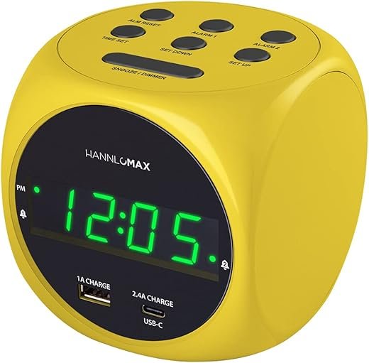 HANNLOMAX HX-702C Digital Clock with Dual Alarm, 0.7" Green LED Display. Dual USB Ports (USB-A & Type-C) for Charging, AC Operation only. (Yellow)