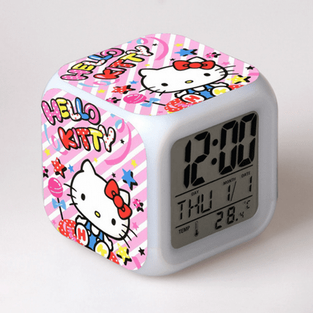 HANNTAOO Digital Alarm Clock for Kids, Hello Kitty Pattern 7 LED Color Changing Wake Up Clock with Thermometer Function and Night Light, Gift for Boys Girls A93-070 HTNL#1068