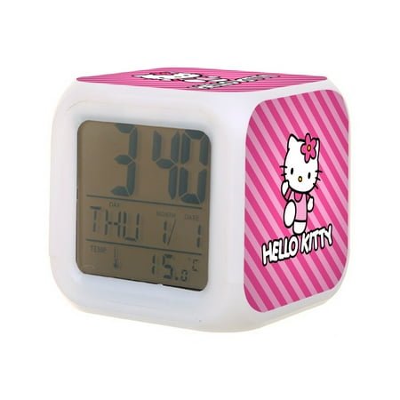 Hello Kitty Digital Alarm Thermometer Night Glow Cube 7 Color Clock LED Changing LCD Display Suitable for Bedroom Children