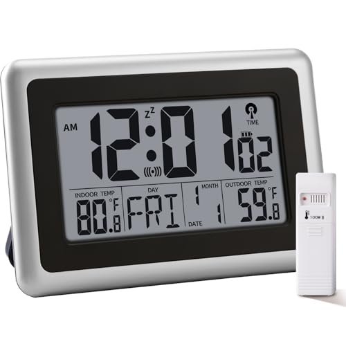 HeQiao Atomic Digital Clock with Indoor/Outdoor Temperature, 12-Inch Large Display, Self-Setting, Battery Operated Wall or Desk Clock for Bedroom, Living Room, Office