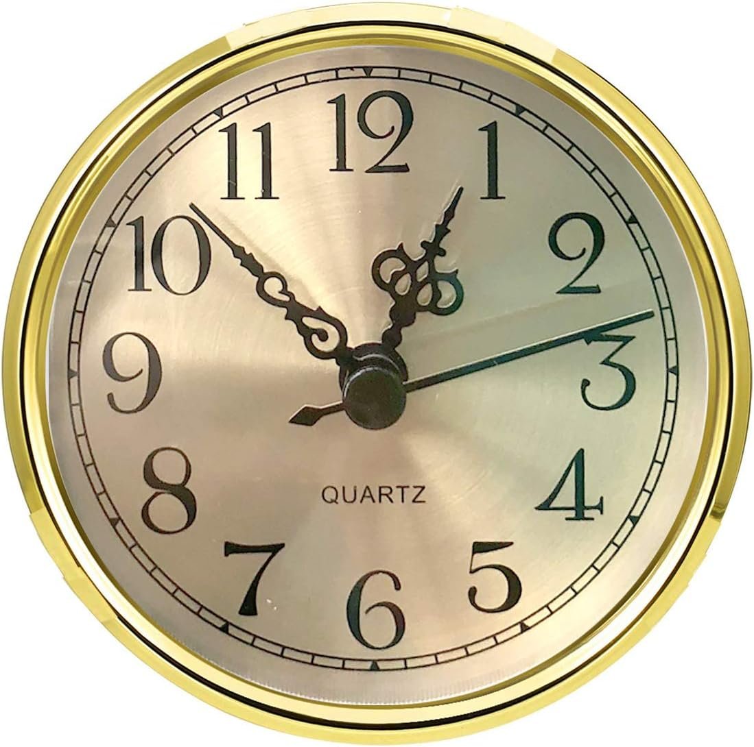 HILLHOME Mini Round Quartz Clock - 3.5 Inch (90 mm) Gold Dial, Gold Tone Bezel, Arabic Numerals, Fits 3.0 inch (78 mm) Hole