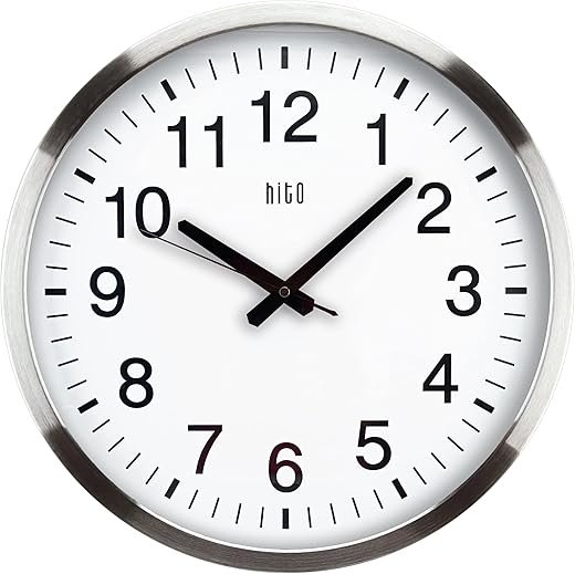 HITO 16 Silent Wall Clock Battery Operated Non Ticking Sweep Movement Glass Cover Silver Aluminum Frame, for Kitchen, Bedroom, Home Office, Living Room Decor