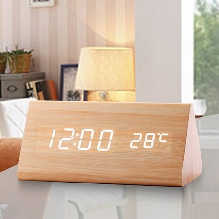 HOARBOEG 5.9*3.14*2.75in LED Digital Alarm Clock with Day & Temperature Display Wooden Modern Wall/Desk Clock, Smart Alarm Clock with Voice Control & Adjustable Brightness for Home Office