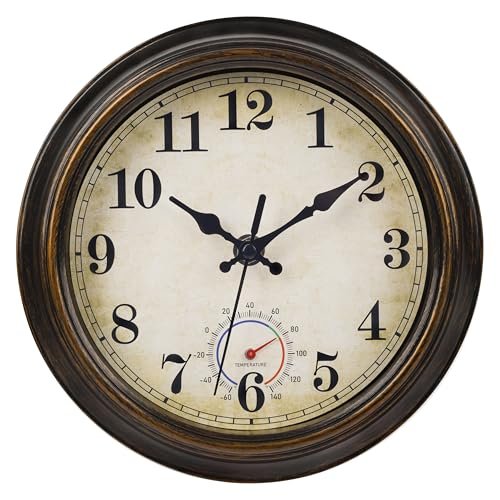 Horizent Outdoor Clocks Waterproof with Thermometer Combo Vintage Rustic Wall Clock for Patio Pool Bathroom Kitchen(8 Inch,Bronze)