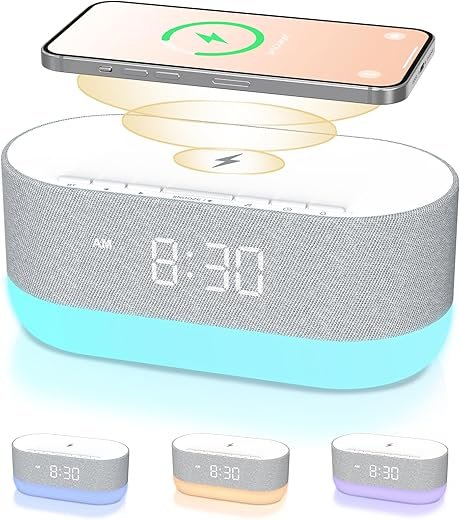 HOUSBAY 3 in 1 Sound Machine Alarm Clock& Wireless Charger: Soothing White Noise, Bluetooth Music Relaxation & Customized Sleep-Wake Routine