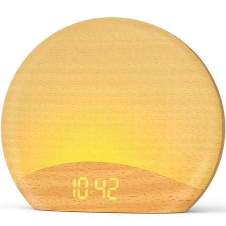 HOUSBAY Sunrise Alarm Clock for Bedroom – Natural Wake-Up Light, FM Radio & Bluetooth Speaker, Wood-Inspired Design, Dimmable Night Light for Adults & Phone-Free Mornings