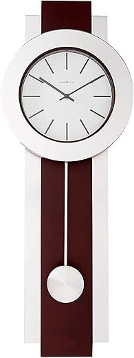Howard Miller Bergen Wall Clock, Sturdy Frame Modern Vertical Decor Nickel-Finished Pendulum, Battery Operated Key Wound Stylish Analog Dial Quartz Movement Best Alarm Clock for Home & Office