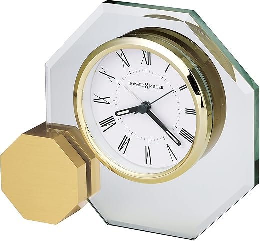 Howard Miller Danson Tabletop Clock – Premium Decorative Aluminum Base Clock with Octagon Glass Design Modern Alarm Clock Quartz Movement Roman Numeral Dial & Gold Tone Bezel for Elegant Home Decor