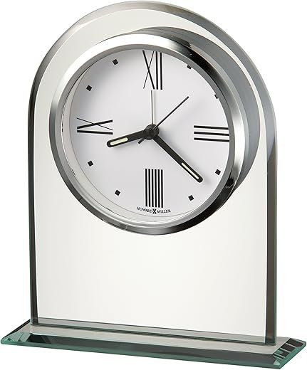 Howard Miller Regent Table Clock – Modern Tabletop Alarm Clock with Beveled Glass Arch, Quartz Movement, White Dial & Black Accents – Decorative Desk Clock for Bedroom, Living Room & Office