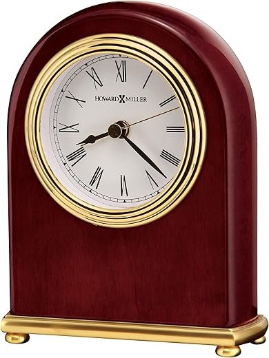 Howard Miller Rosewood Arch Tabletop Clock – High Gloss Wooden Alarm Clock Quiet Quartz Movement Brass Accents Roman Numerals & Classic Design for Office Bedroom or Living Room Décor