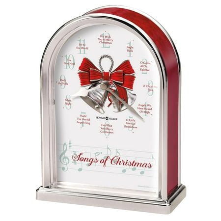 Howard Miller Songs of Christmas Table Clock, 645820 Decorative Silver Finished Arc Arabic Numerals Red Marble Tone Sides Clock, Perfect for Living Room Office, and Home Decor Quartz Movement Clock