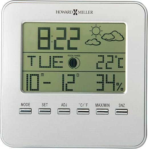 Howard Miller Weather View Tabletop Clock – Multi-Function Silver Desk Clock with Indoor Temperature, Humidity, Date, Moon Phase, 12/24 Hour Format & LCD Alarm Snooze Feature for Home or Office