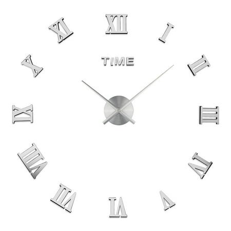 HUONA Mirror Surface Wall Clock Modern Roman Letters Three-Dimensional Clock Home Living Room Background Wall Decorative Wall Clock 70-90cm Silver