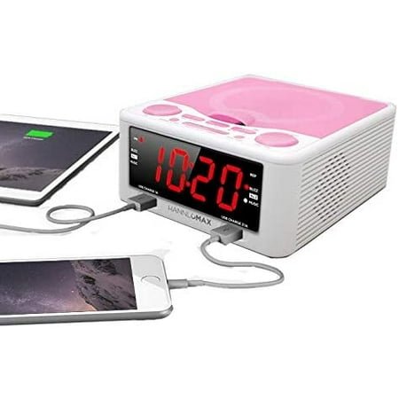 HX-300CD Top Loading CD Player, PLL FM Radio, Digital Clock, 1.2 Red LED Display, Dual Alarms, Dual USB Ports for 2.1A and 1A Charging, AC/DC Adaptor Included (White_Pink)
