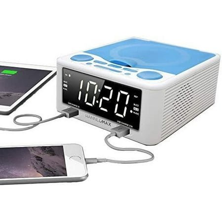 HX-300CD Top Loading CD Player, PLL FM Radio, Digital Clock, 1.2 White LED Display, Dual Alarms, Dual USB Ports for 2.1A and 1A Charging, AC/DC Adaptor Included (White_Blue)