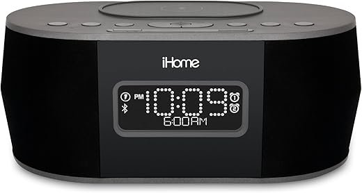 iHome Alarm Clock for Bedroom with Wireless Charger, Bluetooth Speaker, and USB Charger for iPhone, Android, and More (iBTW38)