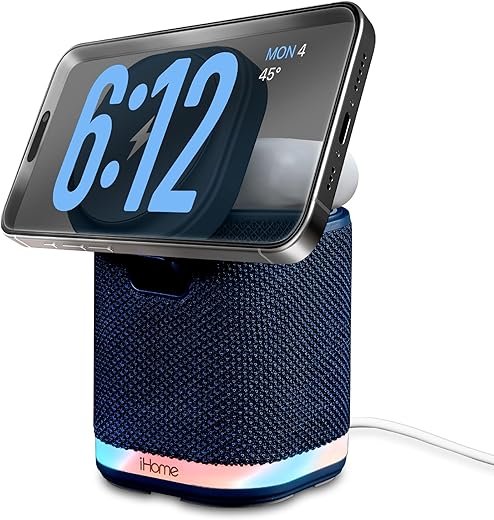 iHome Bluetooth Speaker with Wireless Charger, Charging Station with Color Changing Night Light - Blue (iPBT50L)