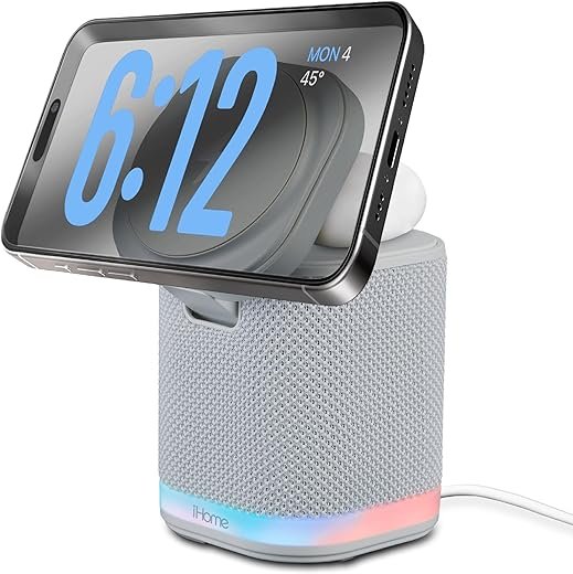 iHome Bluetooth Speaker with Wireless Charger, Charging Station with Color Changing Night Light - Gray (iPBT50G)