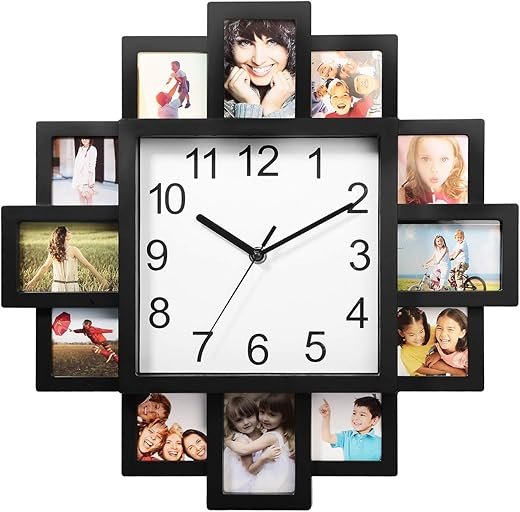 iMounTEK Wall Clock, 2-in-1 Plastic Wall-Mounted Photo Frame Clock Picture Collage 12-Pictures Display Wall Clock Photowall Wall Hanging Home Decoration