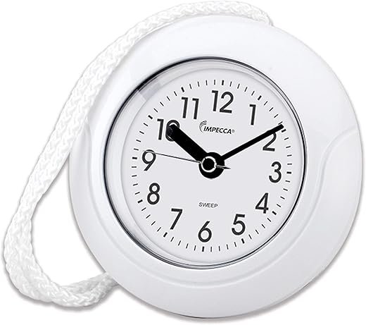 Impecca Waterproof Clock 5.5“ Non-Ticking Quartz Movement Indoor & Outdoor Clock for Shower, Wall, Desk, Pool, Patio, Kitchen, Bathroom, Washroom (Hanging Rope Included) White