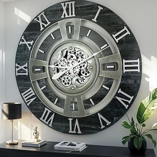ImprovingLife The Gears Clock Real Moving Gear Wall Clock England Line (Vintage Black, 24 inches (60 cm))