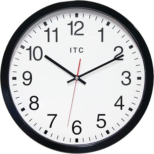 Infinity Instruments 14 inch Shatter Resistant Round Non-Ticking Silent Battery Operated Easy to Read Clock for Office, Classroom, School, Black/Clear