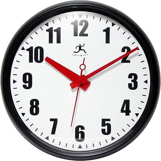 Infinity Instruments 15 inch Impact Round Non-Ticking Silent Battery Operated Easy to Read Clock for Office, Classroom, School, Black