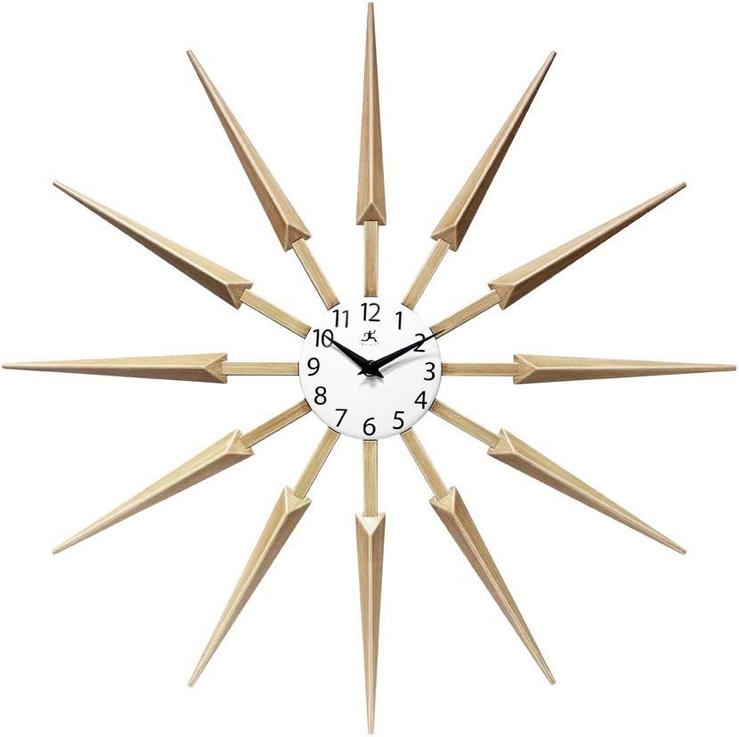 Infinity Instruments Celeste Starburst Wall Clock, Retro Midcentury Spoke Design, Easy to Hang Keyhole, 24 Inch, Natural Wood Look Finish