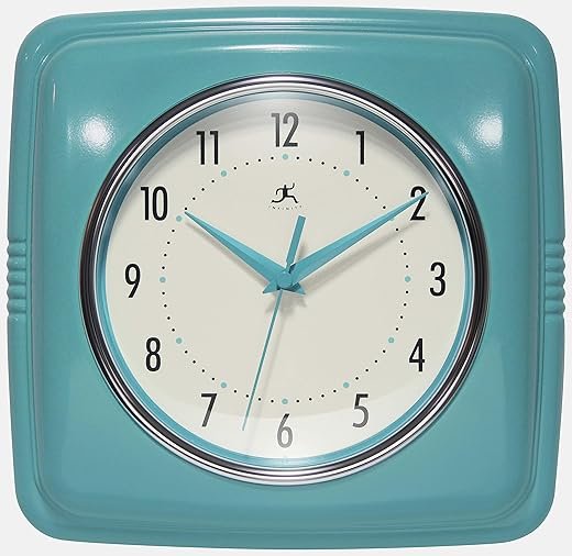 Infinity Instruments Retro – 9-Inch Square Silent Non-Ticking Mid-Century Modern Wall Clock – Vintage Decorative Timepiece for Kitchen, Office, or Diner – Turquoise