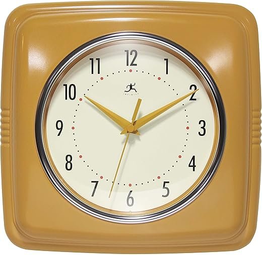 Infinity Instruments Retro – 9-Inch Square Silent Non-Ticking Mid-Century Modern Wall Clock – Vintage Decorative for Kitchen, Office, or Diner – Saffron