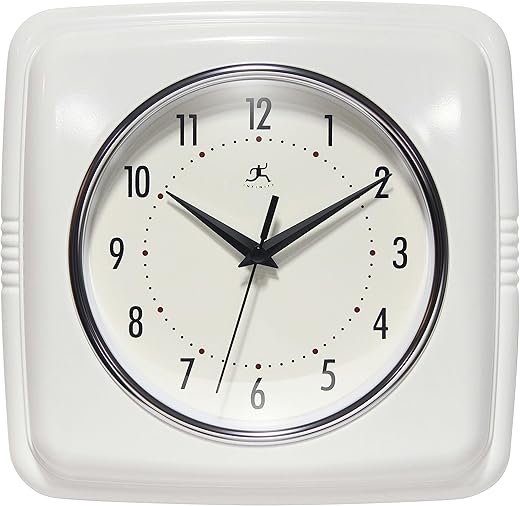 Infinity Instruments Retro – 9-Inch Square Silent Non-Ticking Mid-Century Modern Wall Clock – Vintage Decorative Timepiece for Kitchen, Office, or Diner – White