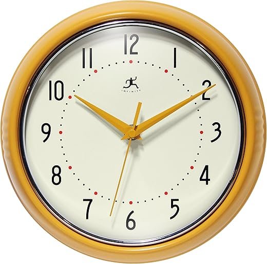 Infinity Instruments Retro 9 inch Silent Sweep Non-Ticking Mid Century Modern Kitchen Diner Wall Clock Quartz Movement Retro Wall Clock Decorative (Saffron Yellow)