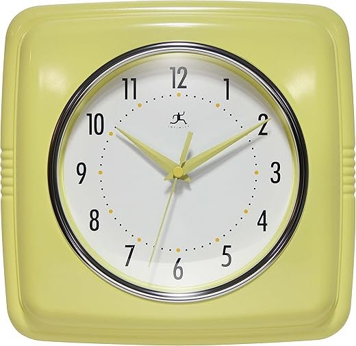 Infinity Instruments Retro Wall Clock – 9-Inch Square, Silent & Non-Ticking – Mid-Century Modern Vintage Design – Decorative Wall Clock for Kitchen, Office, or Diner – Yellow