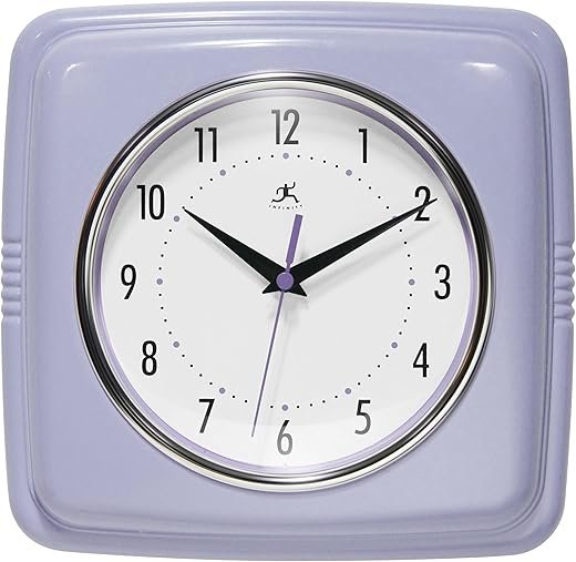 Infinity Instruments Retro Wall Clock – 9-Inch Square Silent Non-Ticking Mid-Century Modern Clock – Vintage Decorative Wall Clock for Kitchen, Office, or Diner – Lilac